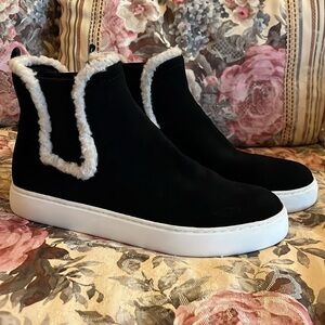 Brand New Lucky Brand Genuine Suede Black Pull On Ankle Sneaker Boots Faux Fur